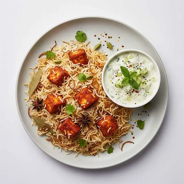 Paneer 65 Biryani With Cucumber Raita